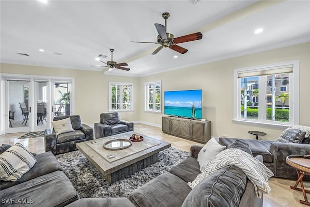 175 Topanga Dr, Bonita Springs, FL 34134 - living room featuring recessed lighting, a ceiling fan, crown molding, and light tile patterned flooring