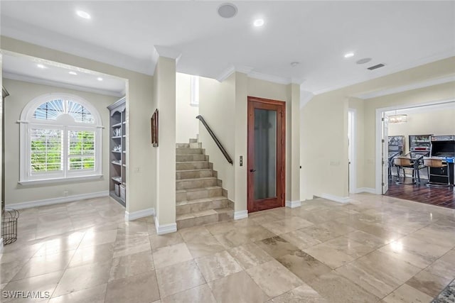 175 Topanga Dr, Bonita Springs, FL 34134 - entrance foyer featuring baseboards, crown molding, stairs, and recessed lighting