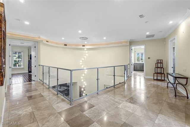 175 Topanga Dr, Bonita Springs, FL 34134 - hall featuring crown molding, plenty of natural light, recessed lighting, baseboards, and an upstairs landing