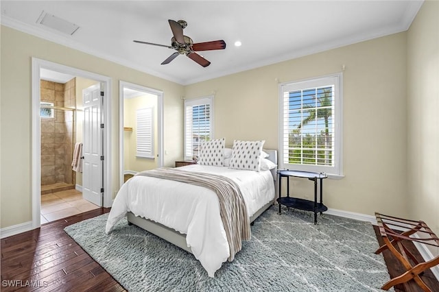 175 Topanga Dr, Bonita Springs, FL 34134 - bedroom featuring multiple windows, ornamental molding, baseboards, wood finished floors, and a ceiling fan