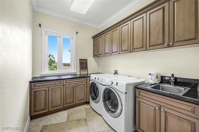 175 Topanga Dr, Bonita Springs, FL 34134 - laundry area featuring cabinet space, separate washer and dryer, and ornamental molding