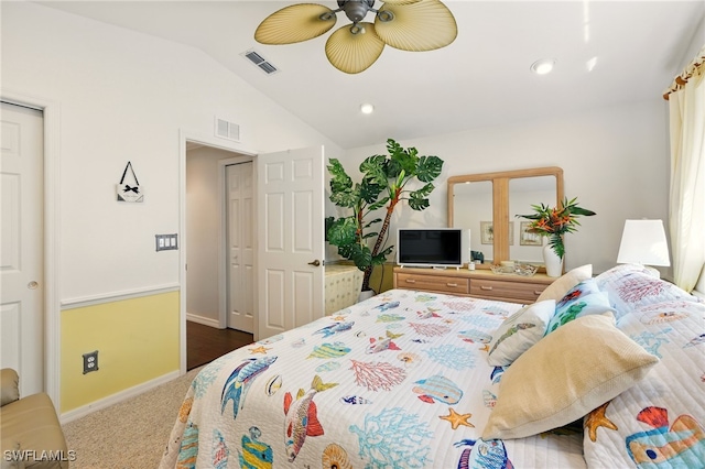 24712 Lakemont Cove Ln Unit 202, Bonita Springs, FL 34134 - carpeted bedroom with vaulted ceiling, ceiling fan, baseboards, and recessed lighting