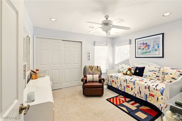 24712 Lakemont Cove Ln Unit 202, Bonita Springs, FL 34134 - bedroom featuring a closet, carpet flooring, recessed lighting, and a ceiling fan