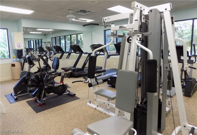 14121 Brant Point Cir Unit 1403, Fort Myers, FL 33919 - workout area featuring a drop ceiling, carpet floors, and ceiling fan