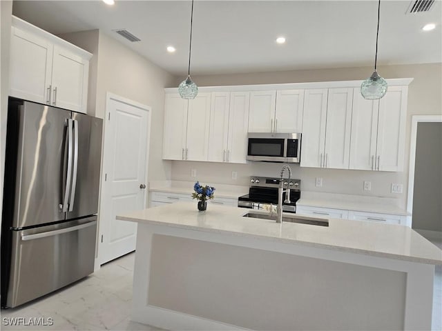 222 Victoria Ave S, Lehigh Acres, FL 33974 - kitchen featuring appliances with stainless steel finishes, light marble finish floors, white cabinets, a sink, and recessed lighting