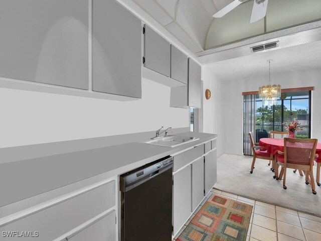 333 SE 33rd Ter, Cape Coral, FL 33904 - kitchen with dishwashing machine, a sink, light carpet, a chandelier, and light countertops