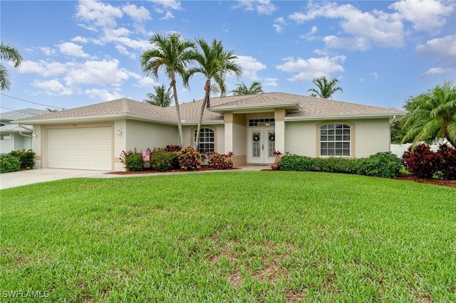 3708 SW 2nd Ln, Cape Coral, FL 33991 - ranch-style home with french doors, stucco siding, an attached garage, a front yard, and driveway