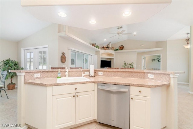 3708 SW 2nd Ln, Cape Coral, FL 33991 - kitchen featuring stainless steel dishwasher, vaulted ceiling, a sink, ceiling fan, and a kitchen island with sink