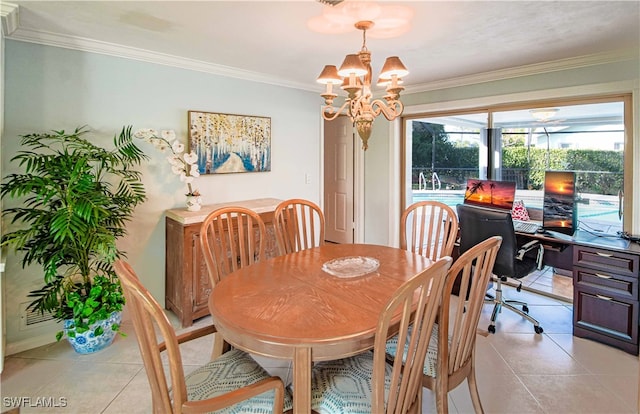67 Pebble Beach Blvd, Naples, FL 34113 - dining area featuring a chandelier, light tile patterned floors, a desk, and ornamental molding