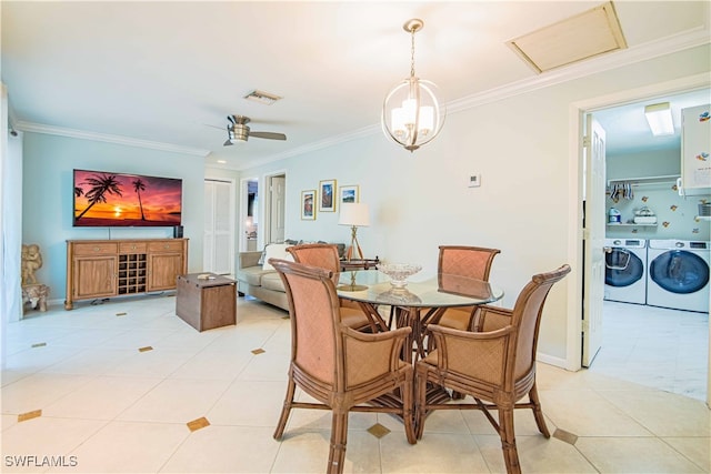 67 Pebble Beach Blvd, Naples, FL 34113 - dining area with washing machine and clothes dryer, crown molding, ceiling fan, light tile patterned floors, and baseboards