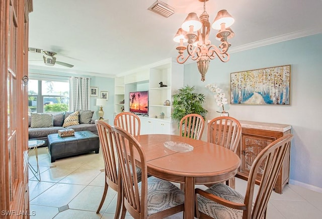 67 Pebble Beach Blvd, Naples, FL 34113 - dining area with a chandelier, light tile patterned floors, ornamental molding, baseboards, and ceiling fan