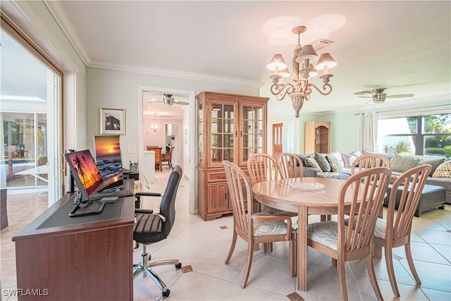 67 Pebble Beach Blvd, Naples, FL 34113 - dining space with ceiling fan, ornamental molding, a chandelier, and light tile patterned flooring
