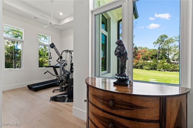 493 Myrtle Rd, Naples, FL 34108 - workout room featuring wood finished floors, baseboards, a ceiling fan, and recessed lighting