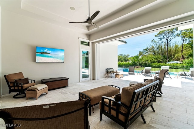 493 Myrtle Rd, Naples, FL 34108 - fenced backyard with a patio, a ceiling fan, and an outdoor living space