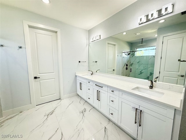 1719 NW 15th St, Cape Coral, FL 33993 - full bathroom featuring a marble finish shower, double vanity, baseboards, recessed lighting, and marble finish flooring