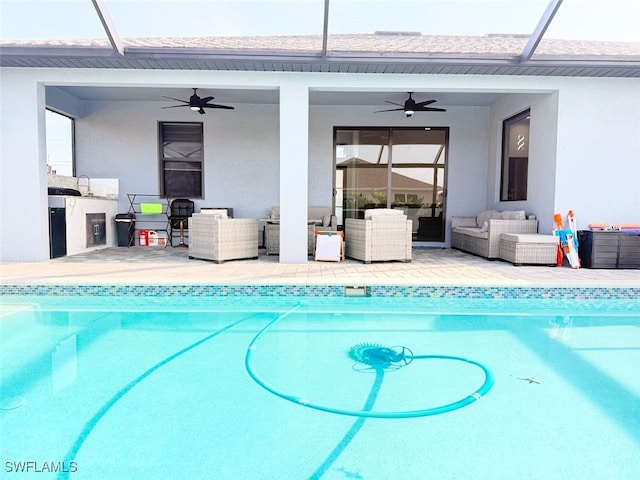 1719 NW 15th St, Cape Coral, FL 33993 - swimming pool featuring an outdoor hangout area, a ceiling fan, area for grilling, and a lanai