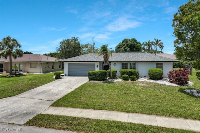 3822 Palm Tree Blvd, Cape Coral, FL 33904 - ranch-style house with a garage, a front lawn, stucco siding, and driveway
