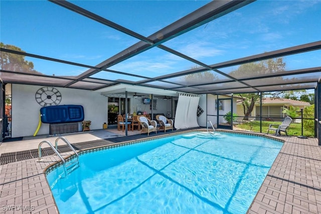 3822 Palm Tree Blvd, Cape Coral, FL 33904 - outdoor pool with glass enclosure, a patio area, and ceiling fan