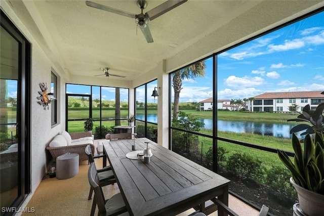 12003 Hawthorn Lake Dr Unit 101, Fort Myers, FL 33913 - sunroom with a ceiling fan and a water view