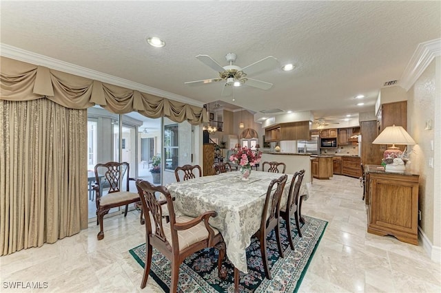 414 Caicos Dr, Punta Gorda, FL 33950 - dining area featuring ornamental molding, a ceiling fan, a textured ceiling, and recessed lighting