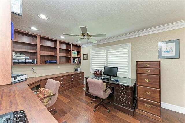 414 Caicos Dr, Punta Gorda, FL 33950 - home office with ceiling fan, a textured ceiling, crown molding, dark wood-type flooring, and baseboards