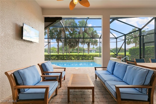 6492 Caldecott Dr, Naples, FL 34113 - view of patio / terrace featuring outdoor lounge area, a ceiling fan, an outdoor pool, and a lanai