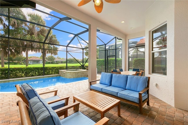 6492 Caldecott Dr, Naples, FL 34113 - view of patio / terrace with outdoor lounge area, a ceiling fan, a lanai, and a pool with connected hot tub