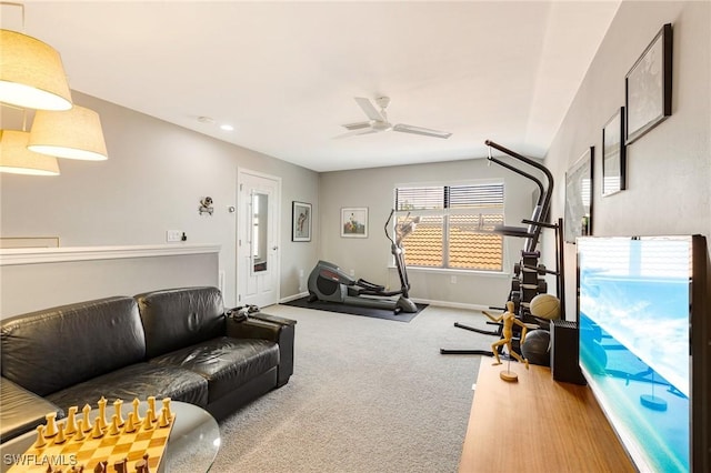 6624 Palmerston Dr, Fort Myers, FL 33966 - exercise room with carpet flooring, ceiling fan, baseboards, and recessed lighting