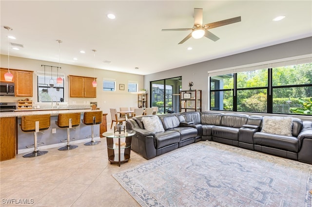 6624 Palmerston Dr, Fort Myers, FL 33966 - living room with recessed lighting, light tile patterned flooring, and ceiling fan