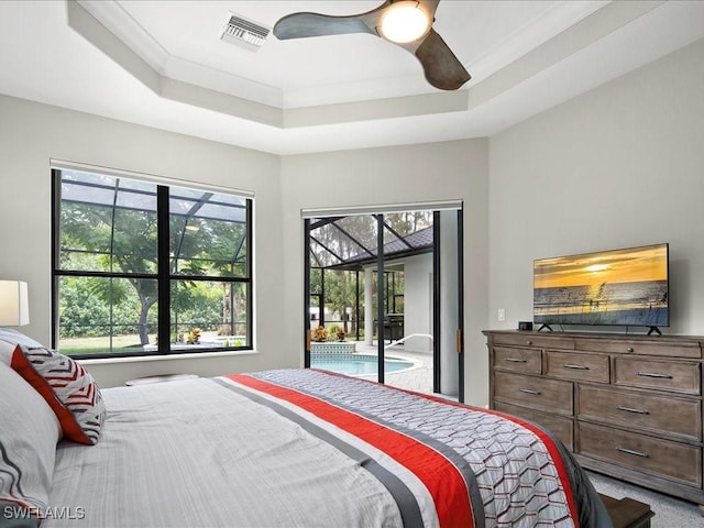 2360 19th St SW, Naples, FL 34117 - bedroom featuring access to outside, a raised ceiling, ceiling fan, and ornamental molding
