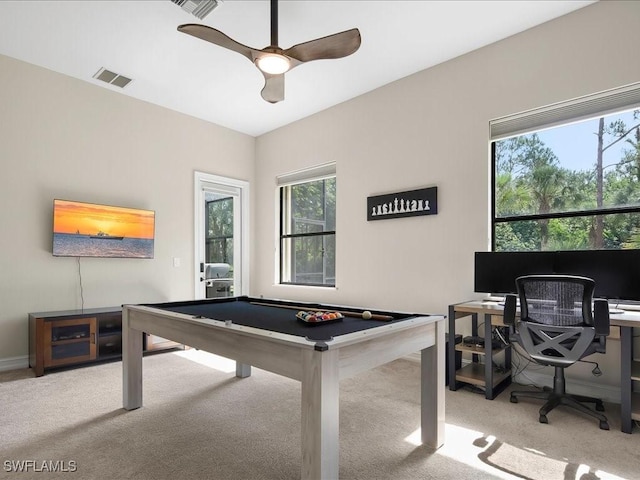 2360 19th St SW, Naples, FL 34117 - game room with carpet, pool table, ceiling fan, an office area, and baseboards