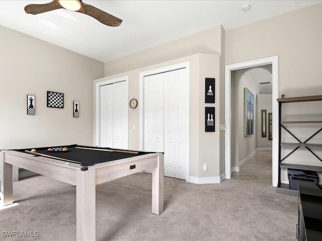 2360 19th St SW, Naples, FL 34117 - game room with carpet floors, a ceiling fan, billiards table, and baseboards