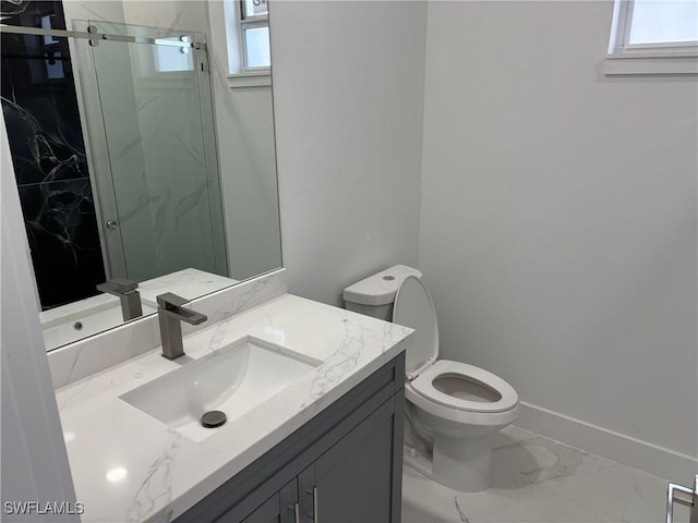 951 Commodore St, Lehigh Acres, FL 33974 - bathroom featuring marble look tiles, toilet, healthy amount of natural light, and a marble finish shower