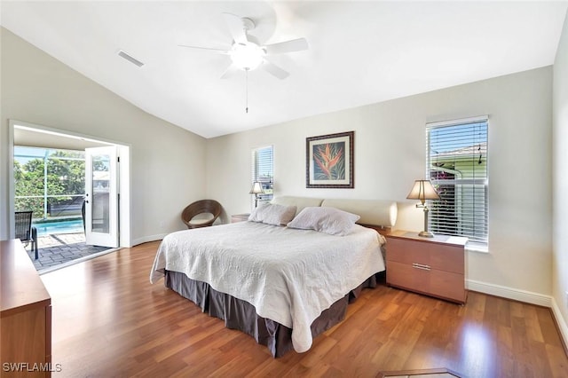 3317 SW 5th Pl, Cape Coral, FL 33914 - bedroom with access to exterior, multiple windows, light wood finished floors, lofted ceiling, and ceiling fan