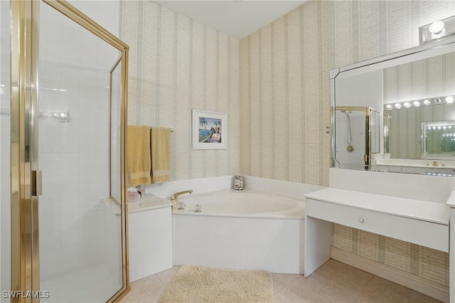 878 Vistana Cir Unit 50, Naples, FL 34119 - full bath featuring a bath, tile patterned flooring, vanity, a shower stall, and wallpapered walls