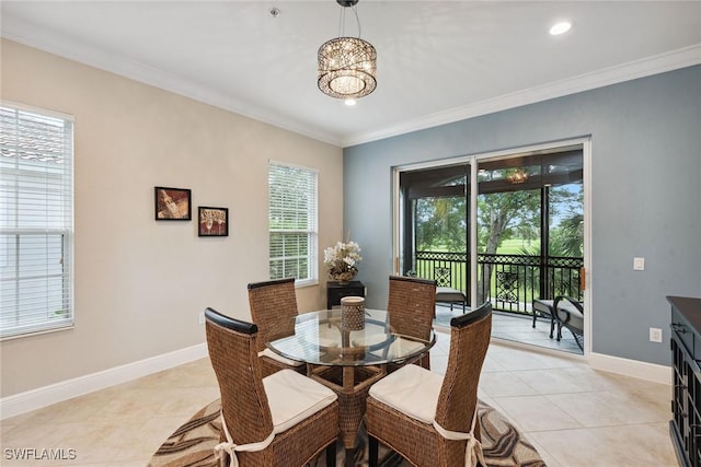 9022 Cascada Way Unit 201, Naples, FL 34114 - dining room featuring light tile patterned floors, baseboards, ornamental molding, a chandelier, and recessed lighting