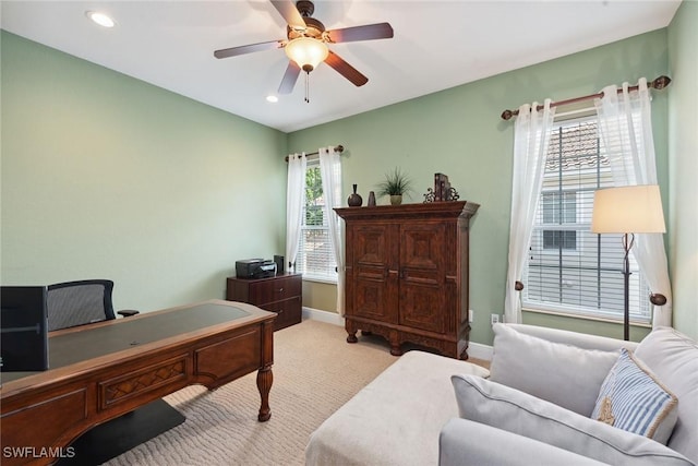 9022 Cascada Way Unit 201, Naples, FL 34114 - office featuring a ceiling fan, baseboards, recessed lighting, and light carpet