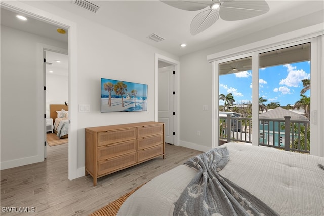 5583 Estero Blvd, Fort Myers Beach, FL 33931 - bedroom with access to exterior, light wood-type flooring, recessed lighting, and a ceiling fan
