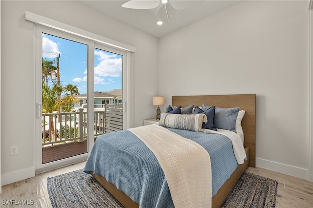 5583 Estero Blvd, Fort Myers Beach, FL 33931 - bedroom with access to outside, recessed lighting, light wood-style flooring, and a ceiling fan