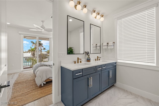 5583 Estero Blvd, Fort Myers Beach, FL 33931 - full bathroom with double vanity, a ceiling fan, and recessed lighting