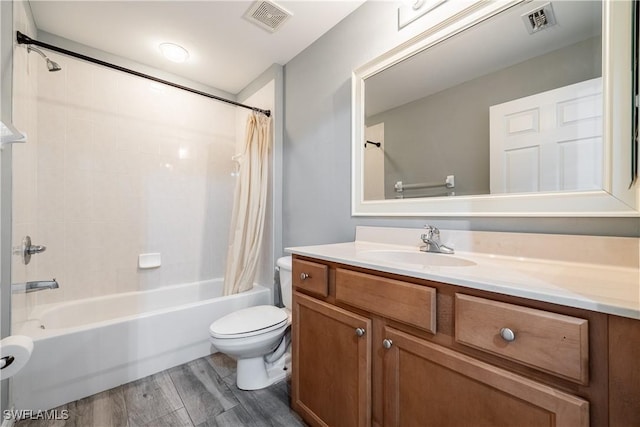 3628 NW 3rd Ter, Cape Coral, FL 33993 - bathroom featuring toilet, vanity, shower / bathtub combination with curtain, and wood finished floors