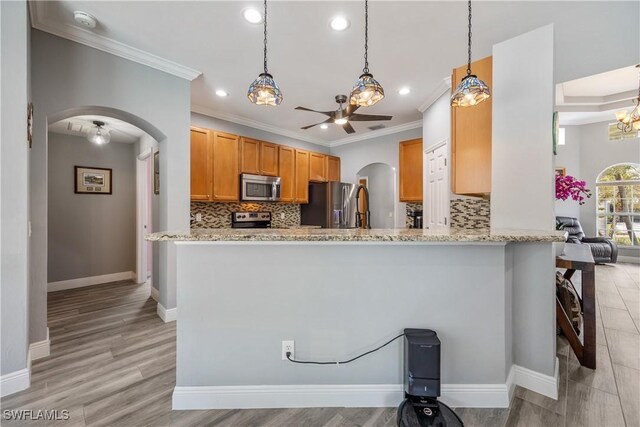 3628 NW 3rd Ter, Cape Coral, FL 33993 - kitchen with stainless steel appliances, arched walkways, ceiling fan, crown molding, and a peninsula