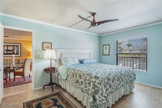 4538 SE 5th Pl Unit 3, Cape Coral, FL 33904 - bedroom with crown molding, light tile patterned floors, baseboards, and ceiling fan