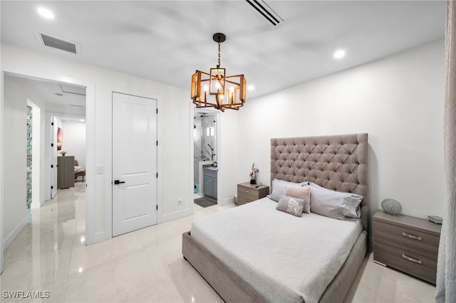 2405 SW 11th Ave, Cape Coral, FL 33991 - bedroom with recessed lighting, a chandelier, connected bathroom, baseboards, and light tile patterned flooring