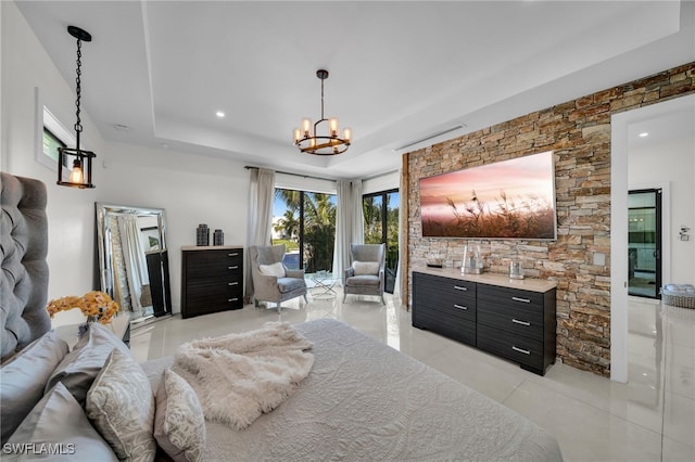 2405 SW 11th Ave, Cape Coral, FL 33991 - bedroom with a raised ceiling, a chandelier, access to outside, light tile patterned floors, and recessed lighting
