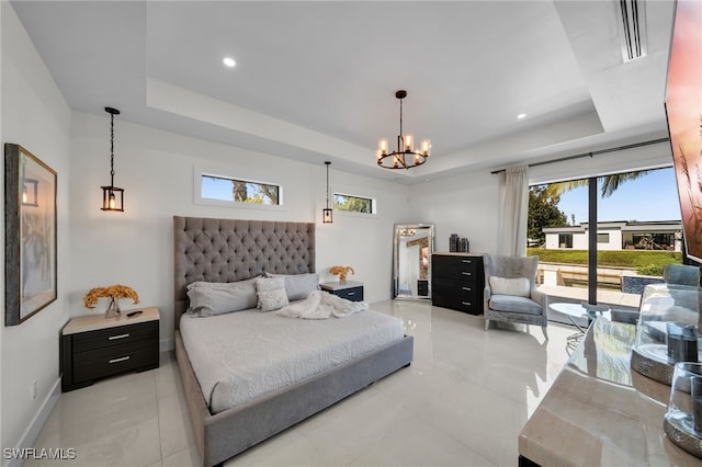 2405 SW 11th Ave, Cape Coral, FL 33991 - bedroom featuring a tray ceiling, a chandelier, light tile patterned floors, and recessed lighting