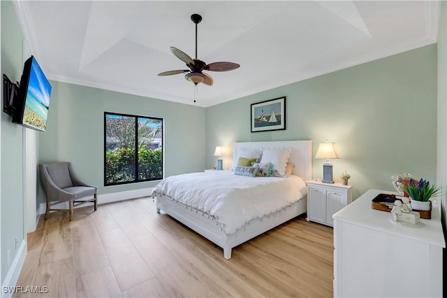 4701 Oak Leaf Dr, Naples, FL 34119 - bedroom with light wood-type flooring, crown molding, a ceiling fan, and baseboards