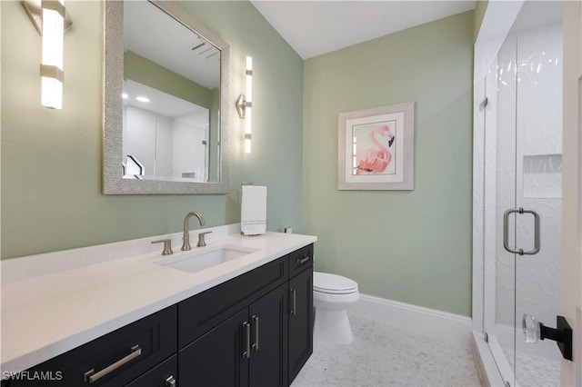 4701 Oak Leaf Dr, Naples, FL 34119 - full bathroom with vanity, toilet, a stall shower, baseboards, and speckled floor