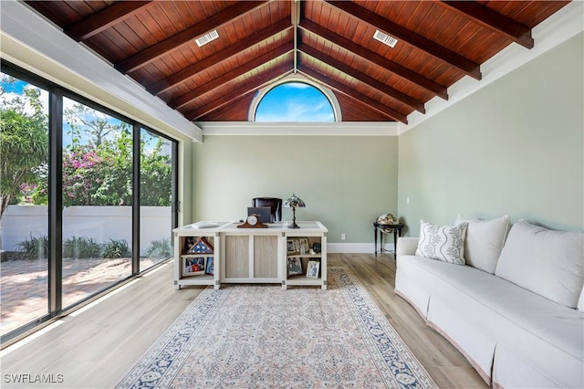 4701 Oak Leaf Dr, Naples, FL 34119 - living room featuring wooden ceiling, wood finished floors, and baseboards