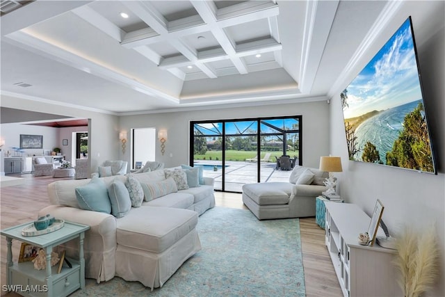 4701 Oak Leaf Dr, Naples, FL 34119 - living room with light wood-style floors, beamed ceiling, ornamental molding, coffered ceiling, and recessed lighting